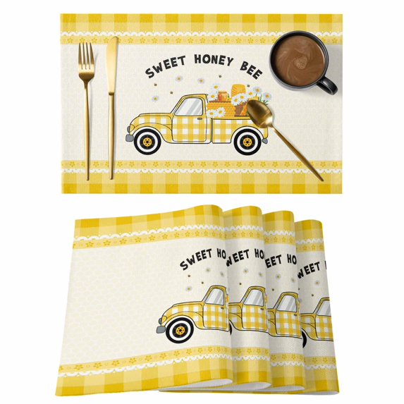 Yellow Truck Placemats Set of 4, Spring Bees Daisy Car Star Buffalo Plaid Lines Placemats for Dining Table, Place Mats for Kitchen Tabletop, Waterproof Wipeable Dining Table Mats Set