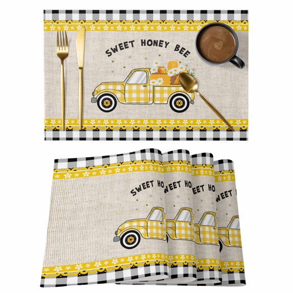 Yellow Truck Placemats Set of 6, Spring Bees Honey Daisy Black Buffalo Plaid Placemats for Dining Table, Place Mats for Kitchen Tabletop, Waterproof Wipeable Dining Table Mats Set