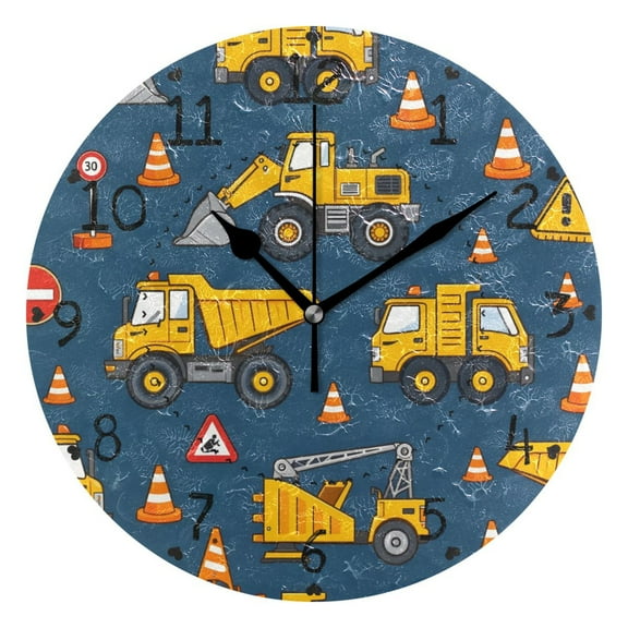 Yellow Truck Roadblock Cute Round Wall Clock Silent Analog Battery Operated Black Pointer Home Decor 9.84" Diameter