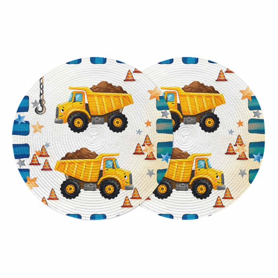 Yellow Truck Round 13 Inch Placemats Set of 2, Stars Navy Blue Checkered Modern Art HeatResistant Non Slip Place Mats for Dining Table, Wipeable Braided Kitchen Table Mats for Housewarming