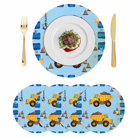 Yellow Truck Round 13 Inch Placemats Set of 4, Stars Navy Blue Checkered Modern Farmhouse Art HeatResistant Non Slip Place Mats for Dining Table, Wipeable Braided Kitchen Table Mats for Housewarming