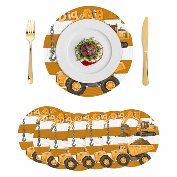 Yellow Truck Round 15 Inch Placemats Set of 6, Brown Striped Farmhouse Art HeatResistant Non Slip Place Mats for Dining Table, Wipeable Braided Kitchen Table Mats for Housewarming