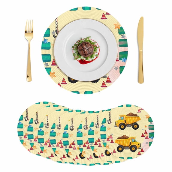 Yellow Truck Round 15 Inch Placemats Set of 8, Stars Green Checkered Modern Farmhouse Art HeatResistant Non Slip Place Mats for Dining Table, Wipeable Braided Kitchen Table Mats for Housewarming