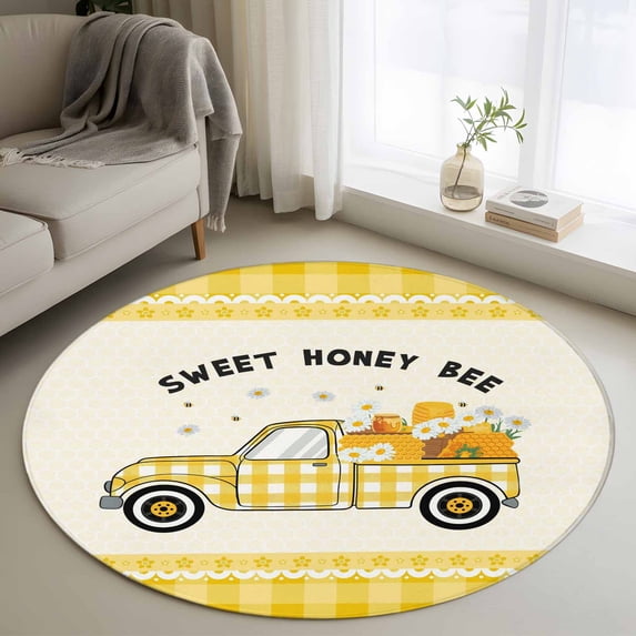 Yellow Truck Round Area Rug 3.3Ft Washable Circle Rugs for Dining Room Table, Spring Bees Daisy Car Star Buffalo Plaid Lines Non-Slip Carpet Floor Mats Indoor Outdoor Carpet Runner Home Decor