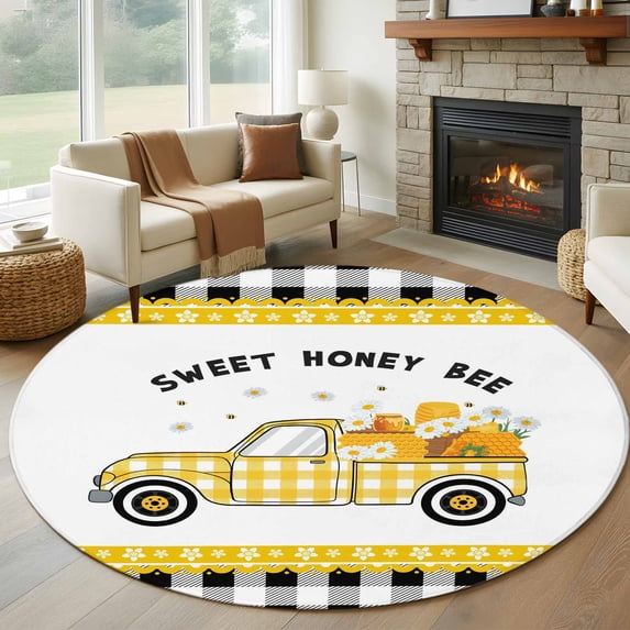 Yellow Truck Round Area Rug 7Ft Washable Circle Rugs for Dorm Laundry Room, Spring Bees Daisy Honey Black Buffalo Lattice Non-Slip Carpet Floor Mats Indoor Outdoor Carpet Runner Aesthetic Home Decor