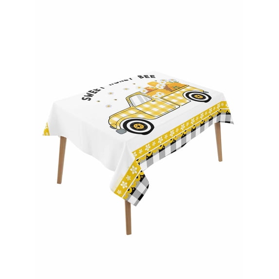 Yellow Truck Table Cloth, Waterproof Tablecloth for Rectangle Tables, Spring Bees Daisy Honey Black Buffalo Lattice Reusable Washable Fabric Table Cover for Restaurant Kitchen Dining Tables 60"x84"