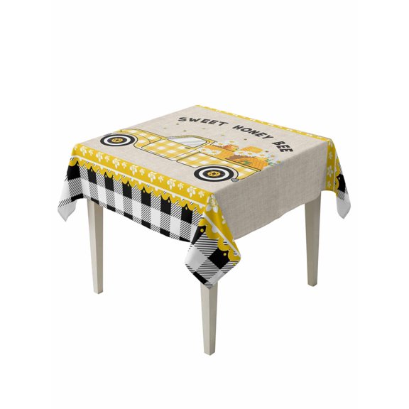 Yellow Truck Table Cloth, Waterproof Tablecloth for Square Tables, Spring Bees Honey Daisy Black Buffalo Plaid Reusable Washable Fabric Table Cover for Restaurant Kitchen Dining Tables 54"x54"
