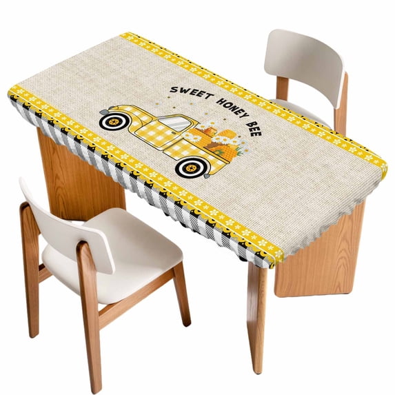 Yellow Truck Table Cloths for 3 Foot Rectangle Tables, Spring Bees Honey Daisy Black Buffalo Plaid Patio Waterproof Elastic Fitted Tablecloths, Washable Rectangular Table Cover for Camping