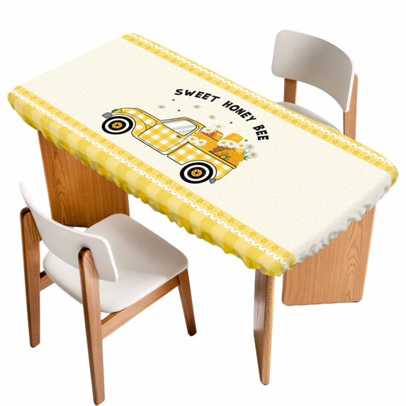 Yellow Truck Table Cloths for 4 Foot Rectangle Tables, Spring Bees Daisy Car Star Buffalo Plaid Lines Patio Waterproof Elastic Fitted Tablecloths, Washable Rectangular Table Cover for Camping