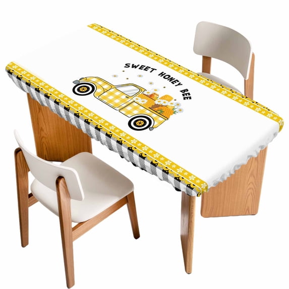 Yellow Truck Table Cloths for 4 Foot Rectangle Tables, Spring Bees Daisy Honey Black Buffalo Lattice Patio Waterproof Elastic Fitted Tablecloths, Washable Rectangular Table Cover for Camping