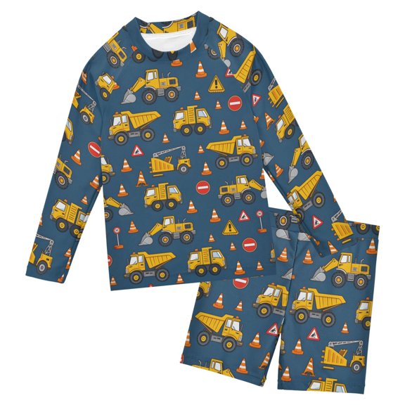 Yellow Truck Tractor Pattern Boys' Bathing Suit UPF 50+ Boys' Rash Guard Sets Stretchy Quick Dry 3T-10T