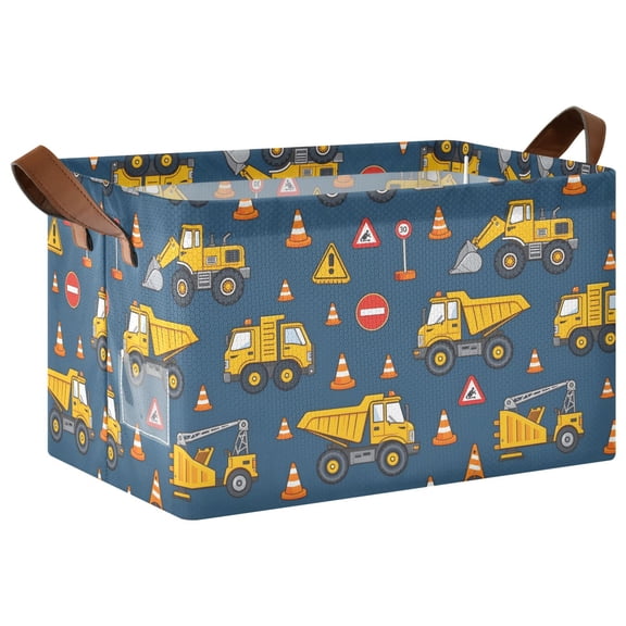 Yellow Truck Tractor Pattern Collapsible Storage Bin Open Home Shelf Basket Water-Resistant Iron Frame Large