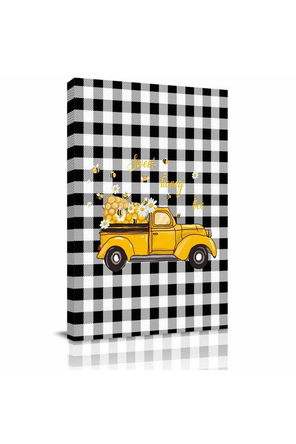 Yellow Trucks Bees Canvas Wall Art for Living Room, Daisy Flower Black Plaid Cartoon Sweet Wall Decor Framed Artwork Pictures Ready to Hang for Bedroom Office Home Decor