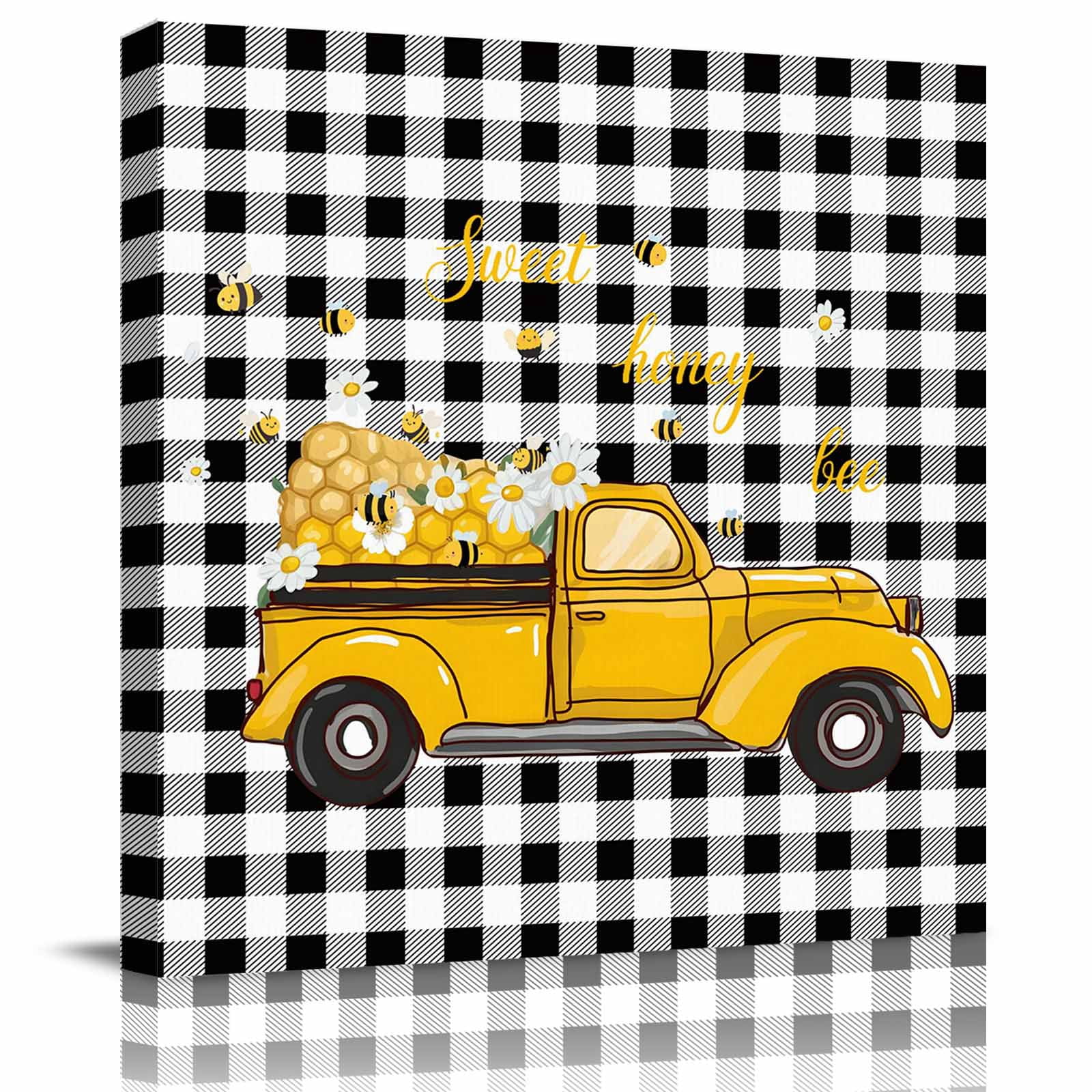 Framed Rucks Yellow Trucks Bees Framed Canvas Wall Art, Daisy Flower Black Plaid ...