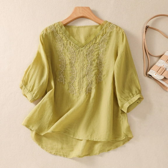 Yellow Tshirts for Women Floral Tops Cotton Linen Shirts Boho Ethnic Style Tee Women 3/4 Sleeve V Neck Button Tunic Tshirt Going Out Tops for Women