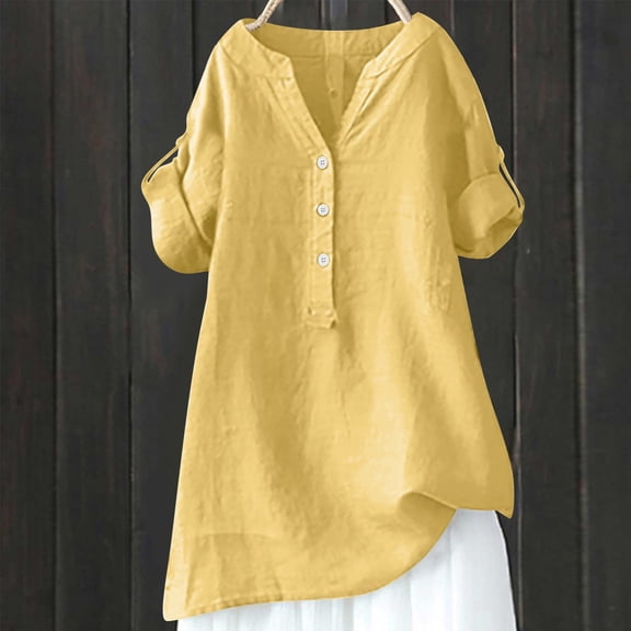 Yellow Tshirts for Women Loose Button Shirt Top Stand Solid Color Sleeve Collar Casual Women's Shirt Women's Shirt Womens Shirts