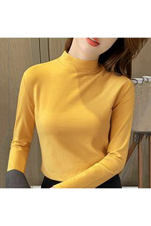 Yellow Tshirts for Women Slim Casual Solid Long Sleeve Mock Turtleneck Blouse Tops Slim Fit Stretchy Layer Tee Shirts Womens Shirts