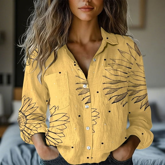 Yellow Tshirts for Women's Long Sleeved Printed Button Down Shirt Womens Long Sleeve Tops