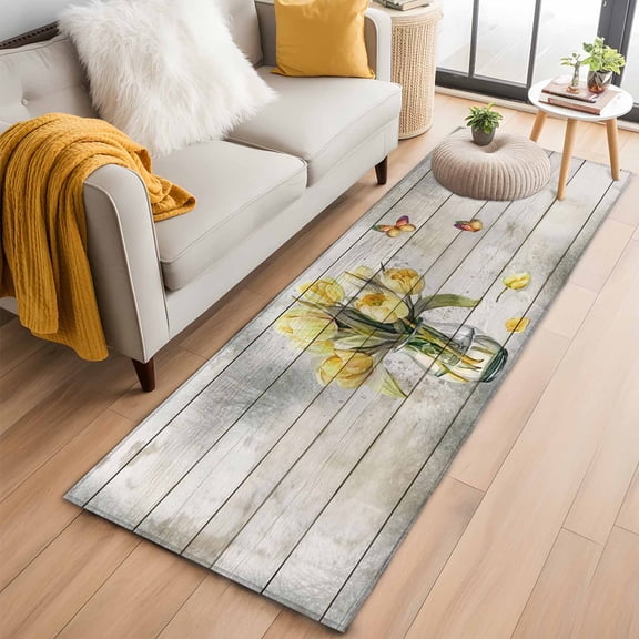 Yellow Tulip 2'x6' Runner Rugs for Hallway Kitchen Bedside Non Slip, Vintage Spring Floral Retro Art Butterfly Wooden Entryway Rug Runners with Rubber Backing, Long Carpet Runner for Laundry Room