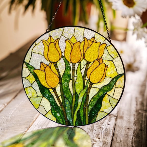 Yellow Tulip Bloom Glass Suncatcher, Window Decor, Garden, 3.5 in