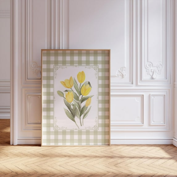Yellow Tulip Botanical Print, Vintage Gingham Border Pdf, 5 Sizes Home Decor #589, Unframed Poster Size 24x36