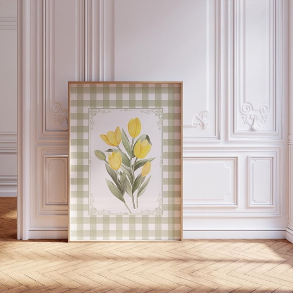 Yellow Tulip Botanical Print, Vintage Gingham Border Pdf, Sizes Home Decor UNFRAMED Poster, Wall Art for Decor, Present, 12x18