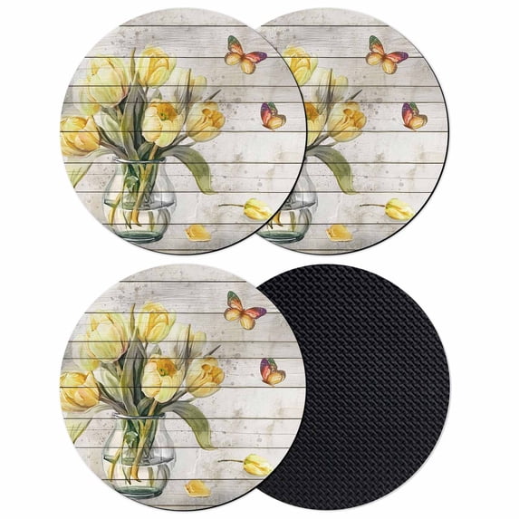 Yellow Tulip Coasters Set of 4, Absorbent Coasters for Drinks, Vintage Spring Floral Retro Art Butterfly Wooden Coaster for Desk Coffee Table Protection, Home Decor House Warming Gifts 4"