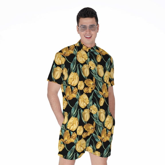 Yellow Tulip Floral Pattern Short Sleeve Men'S Rompers Casual Summer Jumpsuits Outfit