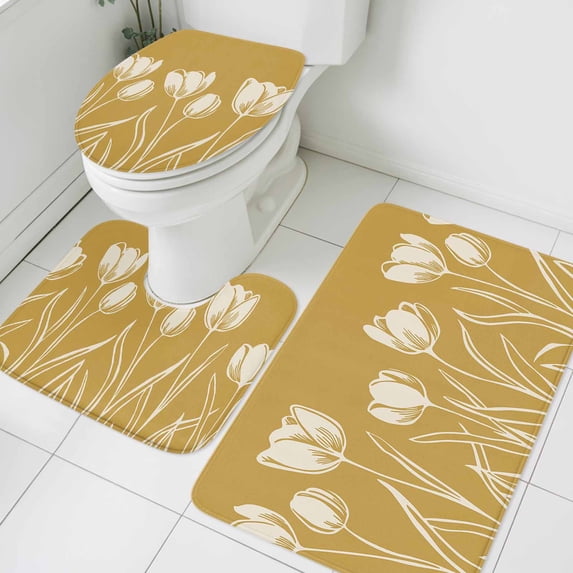Yellow Tulip Flower Bathroom Rugs Set Flower Non Slip Absorbent Soft Bath Mats 3 Piece Set with Bathroom Rug, U-Shaped Floor Mat, Toilet Seat Cover Large Size