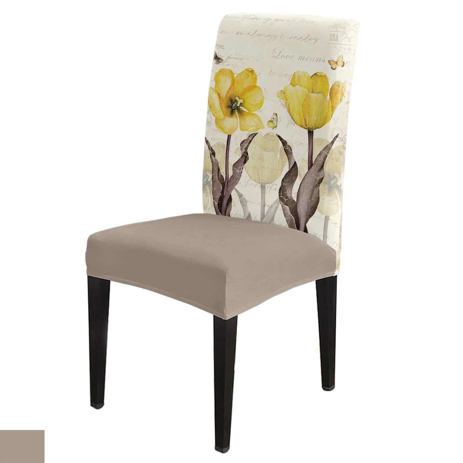 Yellow Tulip Flower White Dining Chair Cover Spandex Elastic Chair