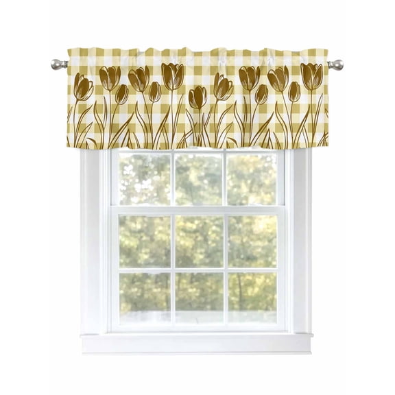 Yellow Tulip Flowers Valances for Windows, Rod Pocket Kitchen Valance Curtains - Soft & Washable Small Window Treatment for Living Room, Bathroom, Floral Buffalo Plaid 54x18inch, 1 Panel