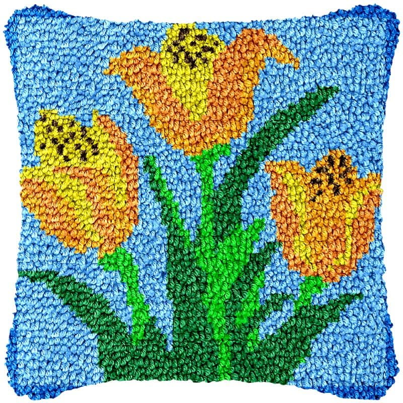 Yellow Tulip Latch Hook Pillow Cover Kits for DIY Handmade Throw Pillow Cross Stitch Latch Hook Pillowcase Rug Kits with Preprinted Color Pattern Canvas Crochet Yarn Kits 17''X 17''(ch131)