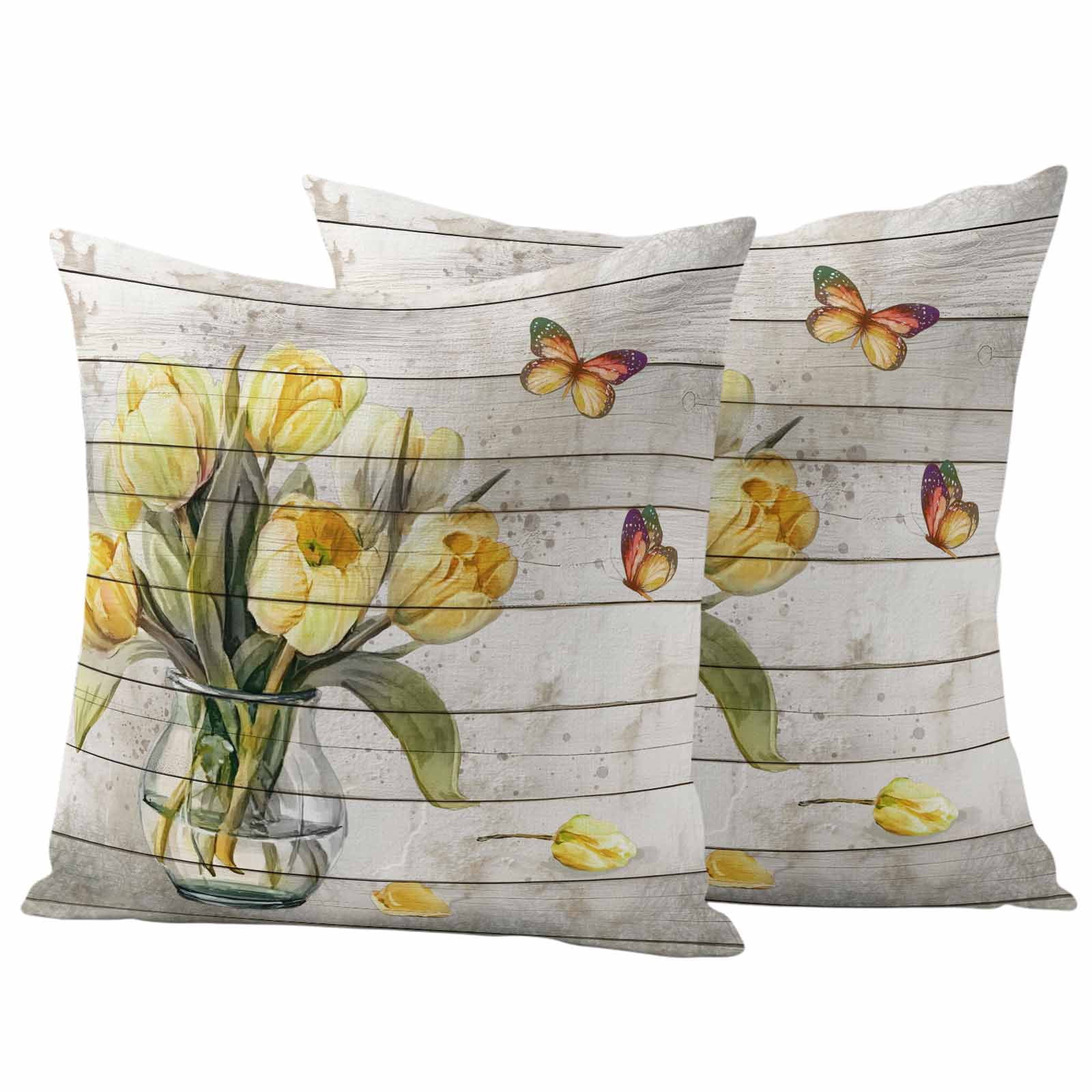 Yellow Tulip Outdoor Waterproof Pillow Covers, Vintage Spring Floral Retro Art Butterfly Wooden Decorative Square Throw Pillowcase Sofa Cushion Sham for Patio/Couch/Chair, 16"x16" 2 Pack