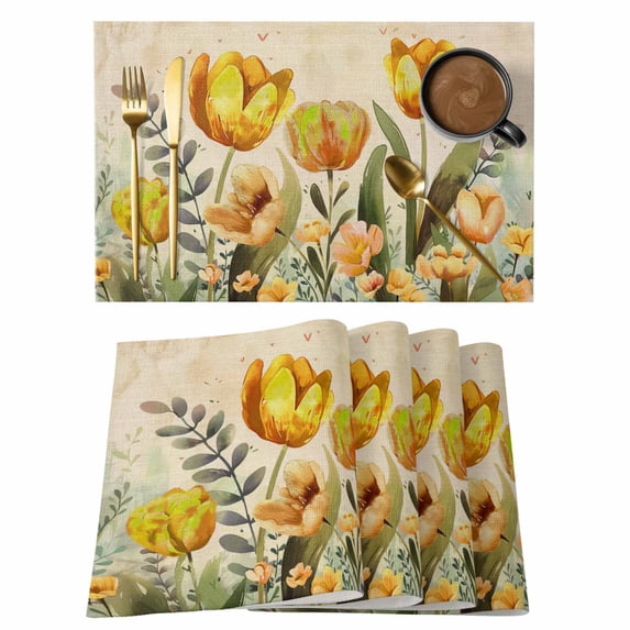 Yellow Tulip Placemats Set of 1, Watercolor Floral Retro Linen Non-Slip Place Mats Washable Table Mats for Kitchen Dining Table Decorations Indoor/Outdoor