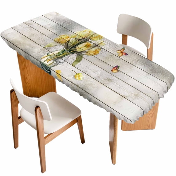 Yellow Tulip Table Cloths for 8 Foot Rectangle Tables, Vintage Spring Floral Retro Art Butterfly Wooden Patio Waterproof Elastic Fitted Tablecloths, Washable Rectangular Table Cover for Camping