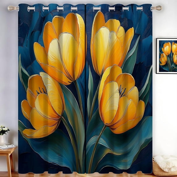 Yellow Tulips Blackout Curtains Eyelet Curtains Flower Acrylic Painting Window Treatment Sets Privacy Light Filter Curtains For Living Room Bedroom, Navy 52"W x 96"L (Pack of 2)