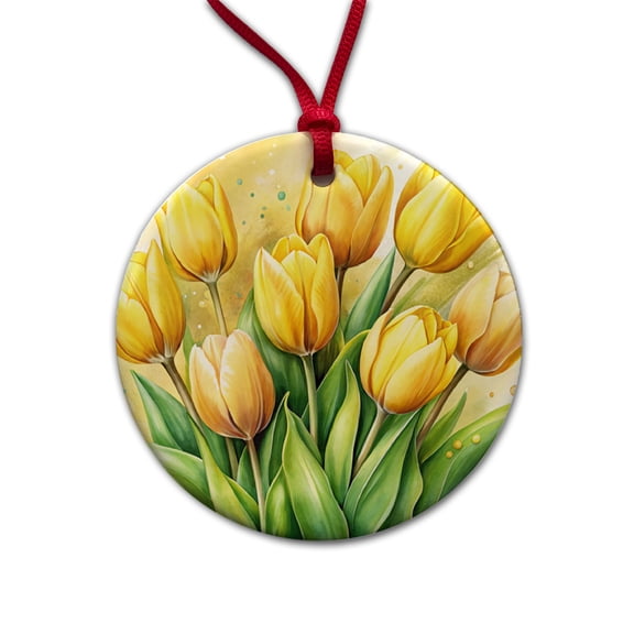 Yellow Tulips Flowers Watercolor Christmas Tree Holiday Round Ceramic Ornament