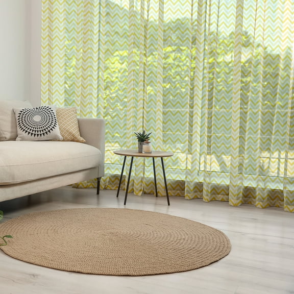 Yellow Tulle Curtains with Rod Pocket, Chevron Abstract Zig Zag Pattern Striped Cool Geometric 90s Style Retro Art, Sheer Drape for Wedding Party 2 Panels, 7 Sizes, White and Yellow, by Ambesonne