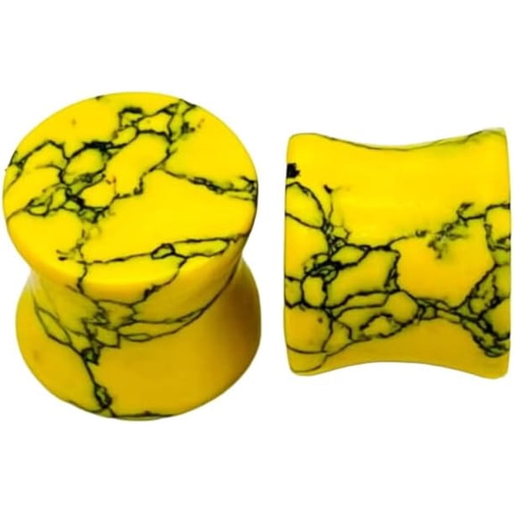 Yellow Turquoise Stone Double Flared Ear Plugs with Black Veining  Stone Body Piercing Jewelry | Handmade Stone Gauges for Stretched Ears | Unisex Plug Earrings (Pair)[b965]