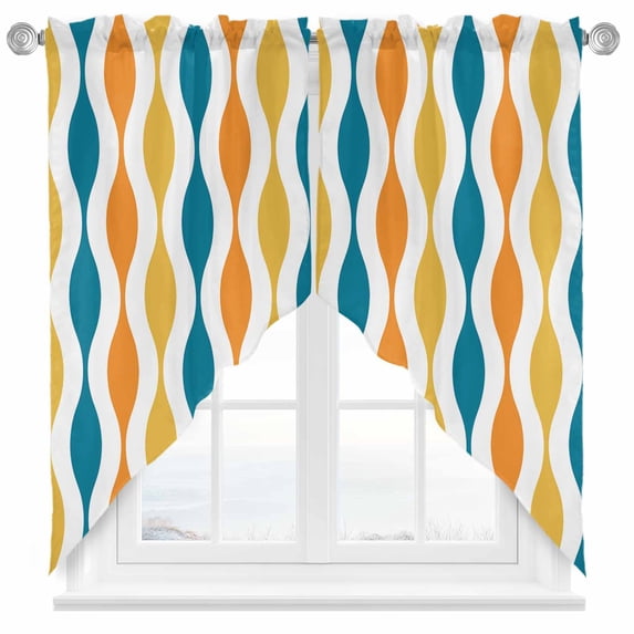 Yellow Turquoise Swag Valances for Windows 2 Pack Medieval Print Waves Geometric Swag Kitchen Curtains 63 Inches Long Rod Pocket Short Window Treatment for Kitchen Bathroom 36"x63"
