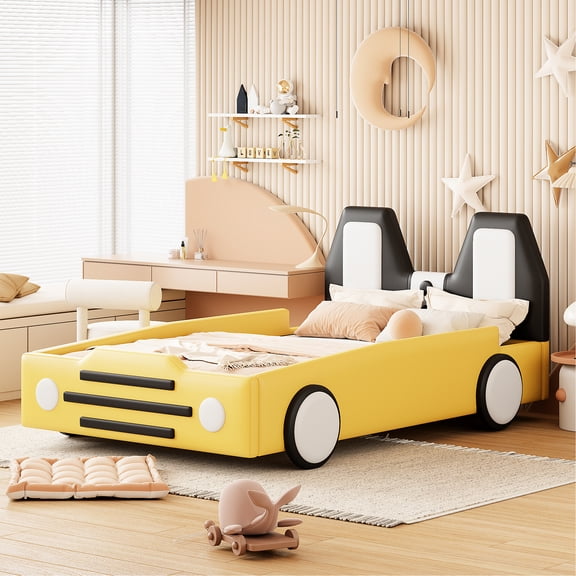 Yellow Twin Size Platform Bed With Thrilling Race Car Look And Wheels - Comfortable Nights In Store Appealing Ensuring A Peaceful Sleep
