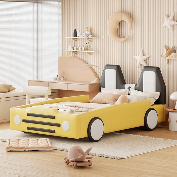 Twin Size PU Leather Platform Bed with Wheels, Yellow, for Bedroom