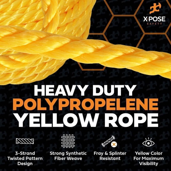 Yellow Twisted Polypropylene Rope, 1/4" Thickness x 600' Length Heavy Duty Poly Ropes for Outdoor and Marine Use, Yellow Rope for Visibility & Safety