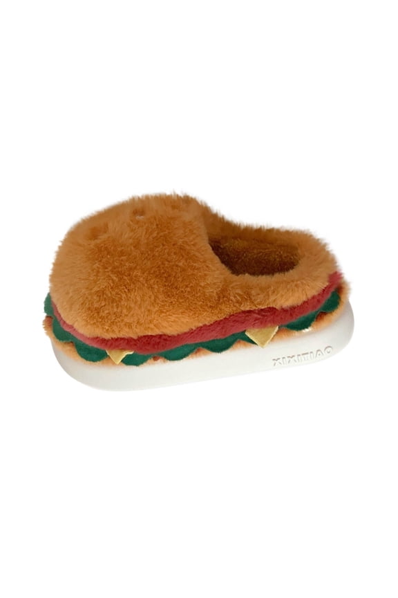 Yellow Unisex Plush House Slippers With Full Enclosed Heel Playful Hamburger Design For Cozy Winter Comfort