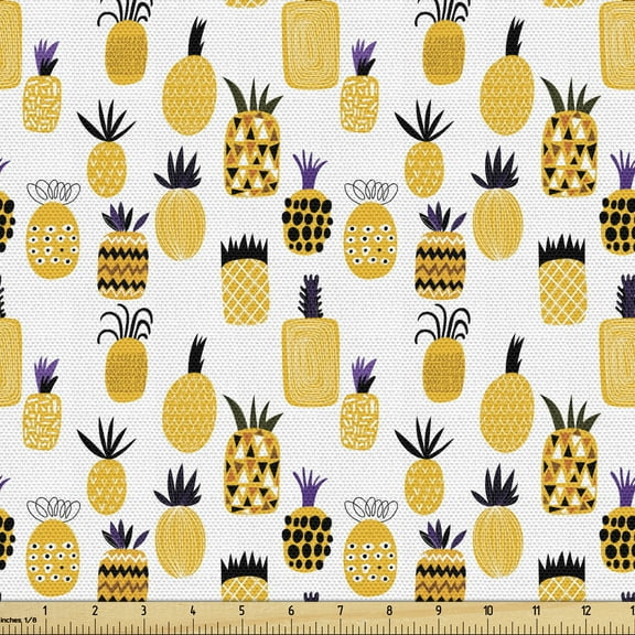 Ambesonne Yellow Fabric by the Yard Upholstery, Summertime Pineapples, 1 Yard, Multicolor