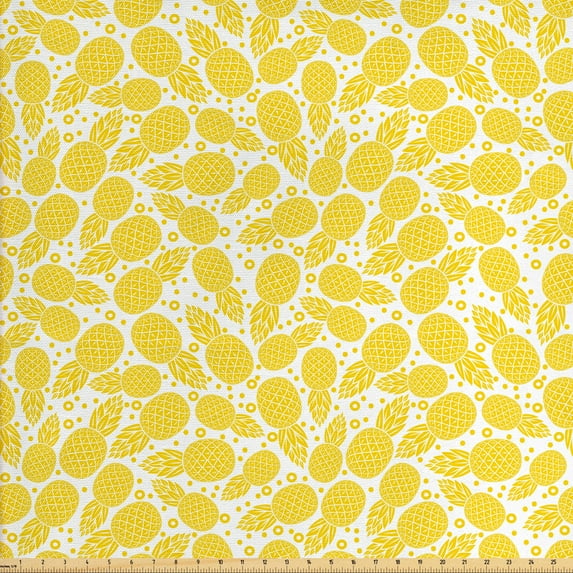 Yellow Upholstery Fabric by the Yard, Yellow Tropical Exotic Pineapple Fruit Pattern with Dots Little Circles, Decorative Fabric for DIY and Home Accents, White and Yellow by Ambesonne