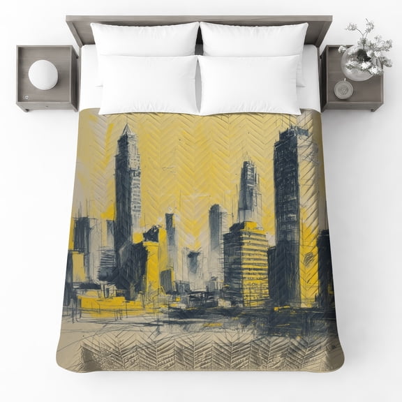 Yellow Urban Skyline Quilted King Size Bedspread