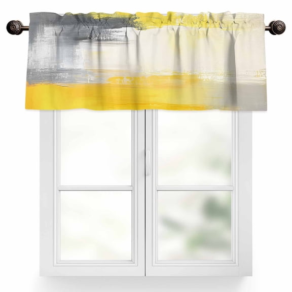 Yellow and Valances for Windows, 42 x 12in, Grey Ombre White Abstract Art Oil Painted Vintage Rod Pocket Kitchen Valance Curtain Light Filtering Window Treatments for Living Room Bedroom, 1 Panel
