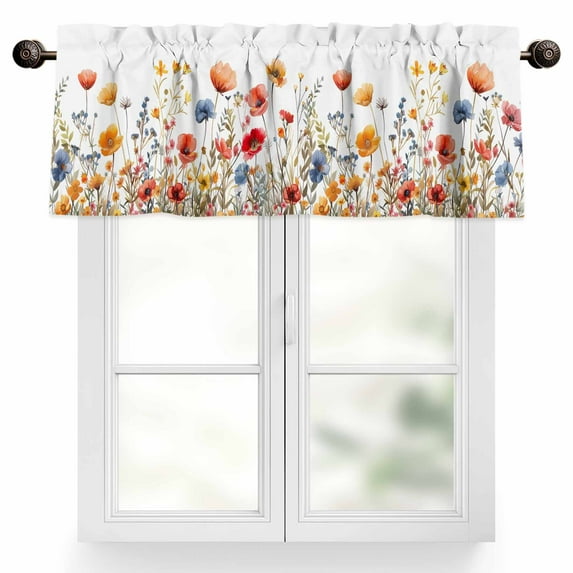 Yellow and Valances for Windows, 42 x 12in, Red Poppy Watercolor Floral Plants Rod Pocket Kitchen Valance Curtain Light Filtering Window Treatments for Living Room Bedroom, 1 Panel