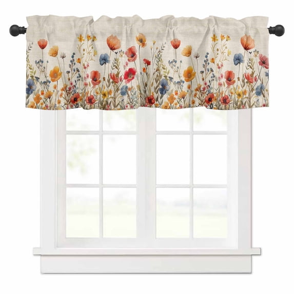 Yellow and Valances for Windows Red Poppy Watercolor Floral Plants Retro Linen Rod Pocket Curtain Valance Window Treatment Short Curtains for Kitchen Living Room, 42"x18"